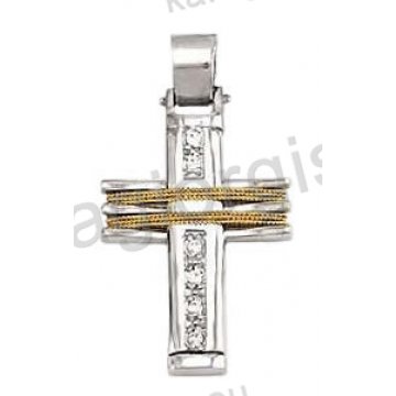 Βαπτιστικός σταυρός για κορίτσι λευκόχρυσος με χειροποίητο χρυσό σύρμα και άσπρες πέτρες ζιργκόν