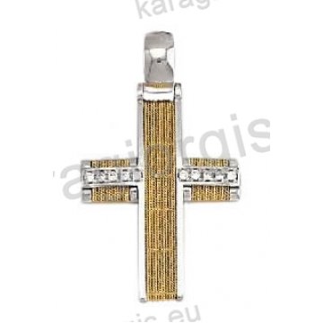 Βαπτιστικός σταυρός για κορίτσι λευκόχρυσος με χειροποίητο χρυσό σύρμα και άσπρες πέτρες ζιργκόν Με δώρο την αλυσίδα