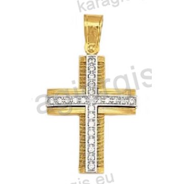Βαπτιστικός σταυρός για κορίτσι δίχρωμος χρυσός με λευκόχρυσο με χειροποίητο χρυσό σύρμα και άσπρες πέτρες ζιργκόν