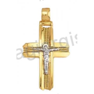 Βαπτιστικός σταυρός για αγόρι δίχρωμος με χειροποίητο χρυσό σύρμα λευκόχρυσο εσταυρωμένο και λουστρέ φινίρισμα