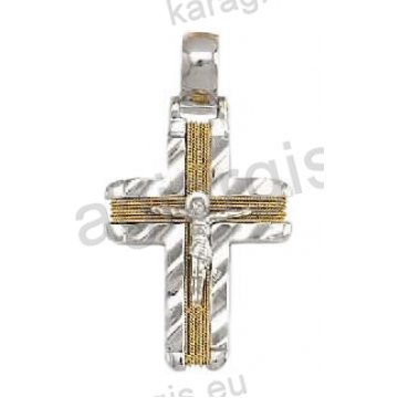 Βαπτιστικός σταυρός για αγόρι λευκόχρυσος με χειροποίητο χρυσό σύρμα εσταυρωμένο και λουστρέ φινίρισμα