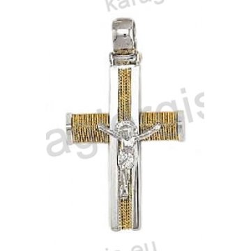 Βαπτιστικός σταυρός για αγόρι λευκόχρυσος με χειροποίητο χρυσό σύρμα εσταυρωμένο και λουστρέ φινίρισμα