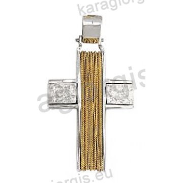 Βαπτιστικός σταυρός για αγόρι λευκόχρυσος με χειροποίητο χρυσό σύρμα σαγρέ και λουστρέ φινίρισμα