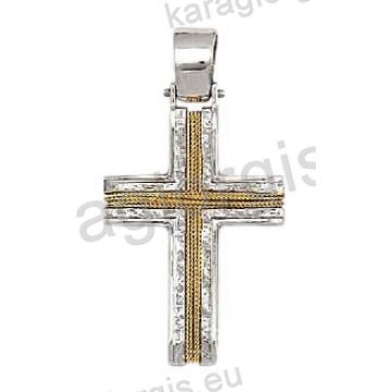 Βαπτιστικός σταυρός για αγόρι λευκόχρυσος με χειροποίητο χρυσό σύρμα σαγρέ και λουστρέ φινίρισμα
