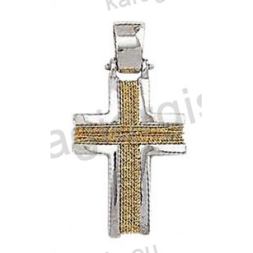 Βαπτιστικός σταυρός για αγόρι λευκόχρυσος με χειροποίητο χρυσό σύρμα και λουστρέ φινίρισμα