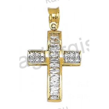 Βαπτιστικός σταυρός για κορίτσι δίχρωμος Με δώρο την αλυσίδα χρυσός με λευκόχρυσο με μπαγιέτες και άσπρες πέτρες ζιργκόν 