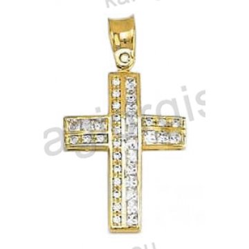 Βαπτιστικός σταυρός για κορίτσι χρυσός με μπαγιέτες και άσπρες πέτρες ζιργκόν 