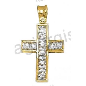 Βαπτιστικός σταυρός για κορίτσι χρυσός με λουστρέ φινίρισμα και άσπρες μπαγιέτες πέτρες ζιργκόν  Με δώρο την αλυσίδα