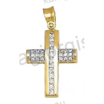 Βαπτιστικός σταυρός για κορίτσι δίχρωμος χρυσός Με δώρο την αλυσίδα με λευκόχρυσο με μπαγιέτες και άσπρες πέτρες ζιργκόν 