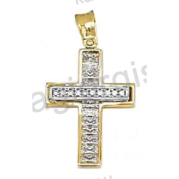 Βαπτιστικός σταυρός για κορίτσι δίχρωμος χρυσός με λευκόχρυσο με μπαγιέτες και άσπρες πέτρες ζιργκόν 