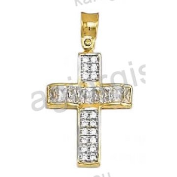 Βαπτιστικός σταυρός για κορίτσι δίχρωμος χρυσός με λευκόχρυσο Με δώρο την αλυσίδα με μπαγιέτες και άσπρες πέτρες ζιργκόν 