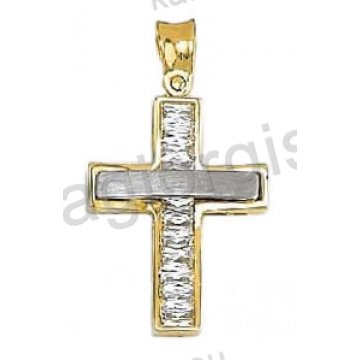 Βαπτιστικός σταυρός για κορίτσι δίχρωμος χρυσός με λευκόχρυσο λουστρέ και ματ φινίρισμα και άσπρες μπαγιέτες πέτρες ζιργκόν 