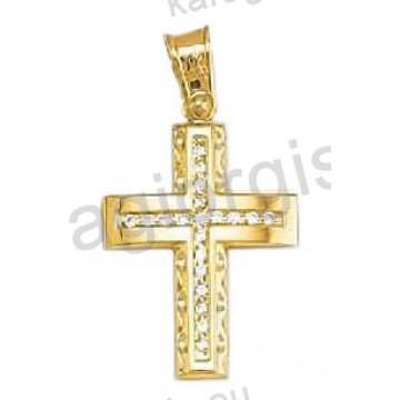 Βαπτιστικός σταυρός για κορίτσι χρυσός με λουστρέ και διαμαντέ φινίρισμα και άσπρες πέτρες ζιργκόν 