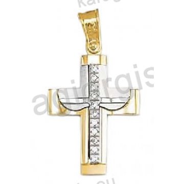Βαπτιστικός σταυρός για κορίτσι δίχρωμος χρυσός με λευκόχρυσο με άσπρες πέτρες ζιργκόν λουστρέ και ματ φινίρισμα