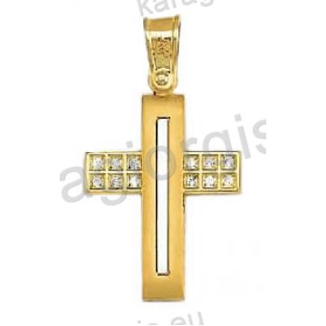 Βαπτιστικός σταυρός για κορίτσι δίχρωμος χρυσός με λευκόχρυσο με άσπρες πέτρες ζιργκόν λουστρέ και ματ φινίρισμα Με δώρο την αλυσίδα