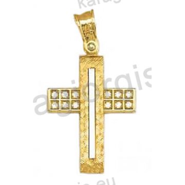 Βαπτιστικός σταυρός για κορίτσι δίχρωμος χρυσός με λευκόχρυσο με άσπρες πέτρες ζιργκόν λουστρέ και διαμαντέ φινίρισμα