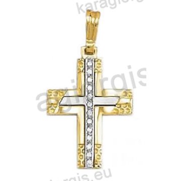 Βαπτιστικός σταυρός για κορίτσι δίχρωμος χρυσός με λευκόχρυσο με άσπρες πέτρες ζιργκόν και λουστρέ φινίρισμα