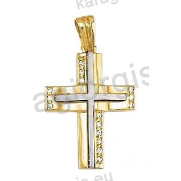 Βαπτιστικός σταυρός για κορίτσι δίχρωμος χρυσός Με δώρο την αλυσίδα με λευκόχρυσο με άσπρες πέτρες ζιργκόν και λουστρέ φινίρισμα