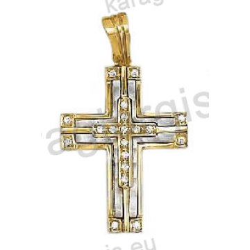 Βαπτιστικός σταυρός για κορίτσι δίχρωμος χρυσός με λευκόχρυσο με άσπρες πέτρες ζιργκόν λουστρέ και ματ φινίρισμα