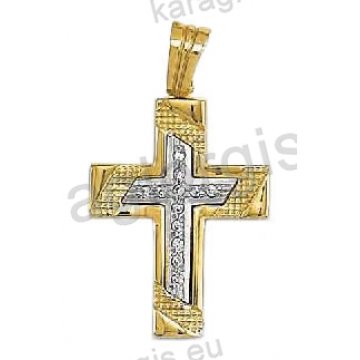 Βαπτιστικός σταυρός για κορίτσι δίχρωμος χρυσός με λευκόχρυσο με άσπρες πέτρες ζιργκόν σκαλίσματα και λουστρέ φινίρισμα