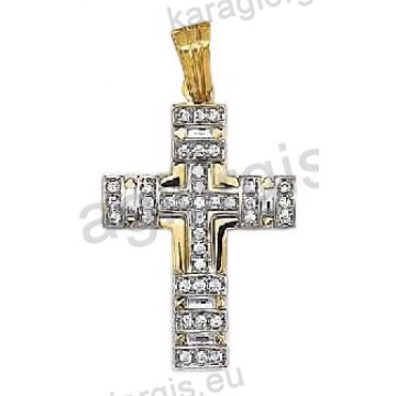 Βαπτιστικός σταυρός για κορίτσι δίχρωμος χρυσός με λευκόχρυσο με άσπρες πέτρες ζιργκόν και λουστρέ φινίρισμα