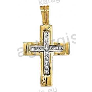 Βαπτιστικός σταυρός για κορίτσι δίχρωμος χρυσός Με δώρο την αλυσίδα με λευκόχρυσο με άσπρες πέτρες ζιργκόν και λουστρέ φινίρισμα