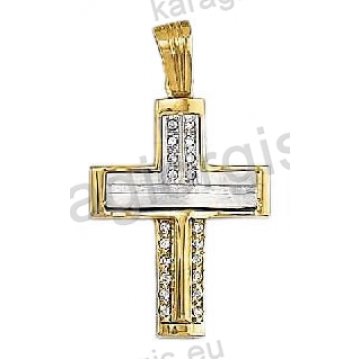 Βαπτιστικός σταυρός για κορίτσι δίχρωμος χρυσός με λευκόχρυσο με άσπρες πέτρες ζιργκόν και λουστρέ φινίρισμα Με δώρο την αλυσίδα