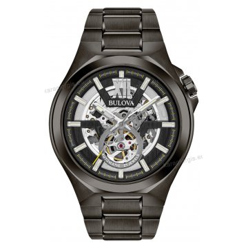 Ρολόι BULOVA Mechanical Collection ανδρικό αυτόματο total black με μαύρο μπρασελέ open back 46mm