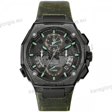 Ρολόι BULOVA Precisionist Chronograph Collection ανδρικό black με λαδοπράσινο δερμάτινο λουράκι και χρονογράφο ακριβείας 44,5mm