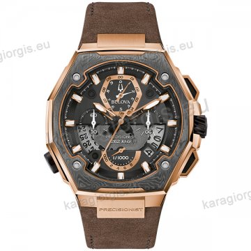 Ρολόι BULOVA Precisionist Chronograph Collection ανδρικό rose gold με λαδοπράσινο καφέ λουράκι και χρονογράφο ακριβείας 44,5mm