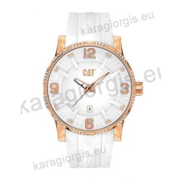 Ρολόι CUT CATERPILLAR Bold 42 date rose gold γυναικείο με άσπρο λουράκι σιλικόνης και πέτρες στη στεφάνη 42mm