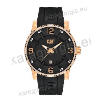 Ρολόι CUT CATERPILLAR Bold 42 date rose gold γυναικείο με μαύρο λουράκι σιλικόνης και πέτρες στη στεφάνη 42mm