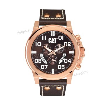 Ρολόι CUT CATERPILLAR Chicago chrono rose gold ανδρικό με μαύρο δερμάτινο λουράκι και χρονογράφος πολλαπλών ενδείξεων 48mm