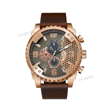 Ρολόι CUT CATERPILLAR Grid date rose gold ανδρικό με καφέ δερμάτινο λουράκι και χρονογράφος πολλαπλών ενδείξεων 52mm