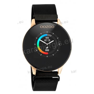 Ρολόι OOZOO Smartwatch γυναικείο rose gold με μαύρο μεταλλικό μπρασελέ και μαύρο καντράν 43mm.