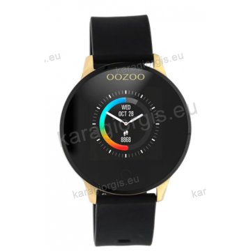 Ρολόι OOZOO Smartwatch γυναικείο gold με μαύρο λουρί σιλικόνης και μαύρο καντράν 43mm.