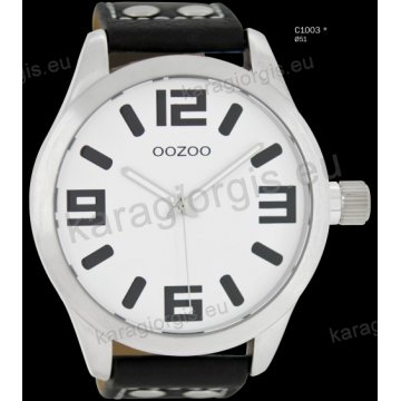 Ρολόι OOZOO timepieces ανδρικό-γυναικείο με μαύρο black δερμάτινο λουράκι και άσπρο καντράν 51mm