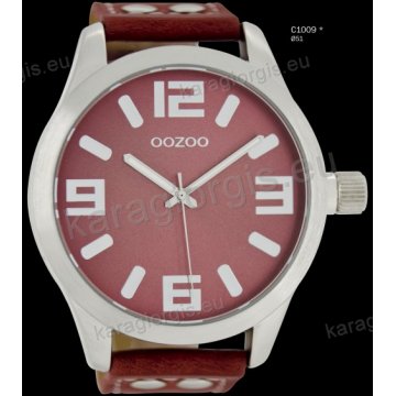 Ρολόι OOZOO timepieces ανδρικό-γυναικείο με κόκκινο coral red  δερμάτινο λουράκι και κόκκινο καντράν 51mm