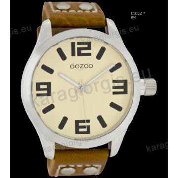 Ρολόι OOZOO timepieces ανδρικό-γυναικείο με καφέ brown δερμάτινο λουράκι και κρεμ καντράν 46mm
