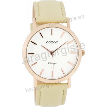 Ρολόι OOZOO Vintage rose gold γυναικείο με ταμπά δερμάτινο λουράκι σε ασημί καντράν 38mm