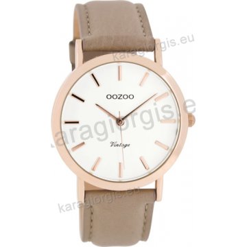 Ρολόι OOZOO Vintage rose gold γυναικείο με ταμπά δερμάτινο λουράκι σε ασημί καντράν 38mm