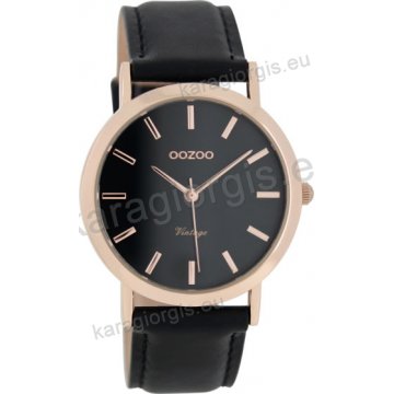 Ρολόι OOZOO Vintage rose gold γυναικείο με μαύρο δερμάτινο λουράκι σε μαύρο καντράν 38mm