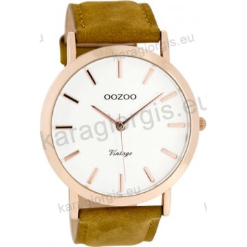 Ρολόι OOZOO Vintage rose gold ανδρικό-γυναικείο με καφέ camel δερμάτινο λουράκι σε ασημί καντράν 45mm