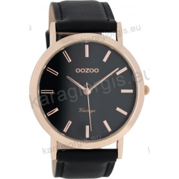 Ρολόι OOZOO Vintage rose gold ανδρικό-γυναικείο με μαύρο δερμάτινο λουράκι σε μαύρο καντράν 45mm