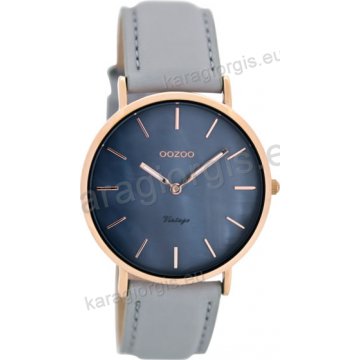 Ρολόι OOZOO Vintage rose gold γυναικείο με γκρι δερμάτινο λουράκι σε πετρόλ φίλντισι καντράν 36mm