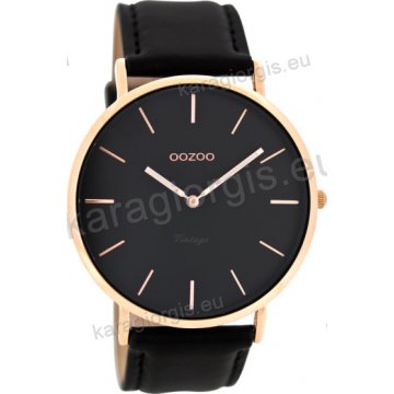 Ρολόι OOZOO Vintage rose gold ανδρικό-γυναικείο με μαύρο δερμάτινο λουράκι σε μαύρο καντράν 44mm