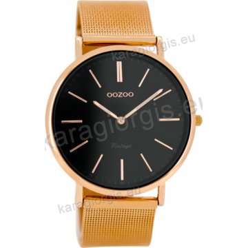 Ρολόι OOZOO Vintage rose gold γυναικείο με μπρασελέ rose gold σε ψάθα με μαύρο καντράν 40mm