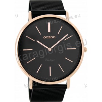 Ρολόι OOZOO Vintage rose gold ανδρικό-γυναικείο με μαύρο μπρασελέ σε ψάθα με μαύρο καντράν 44mm