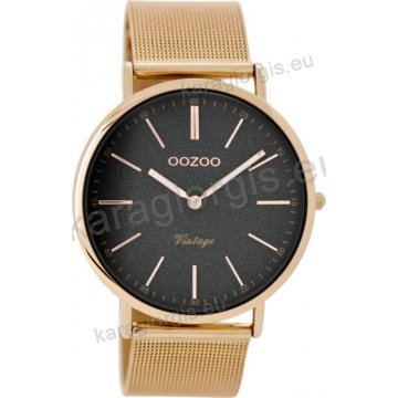 Ρολόι OOZOO Vintage rose gold γυναικείο με μπρασελέ rose gold σε ψάθα με μαύρο μαρτιλέ καντράν 40mm