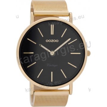 Ρολόι OOZOO Vintage rose gold ανδρικό-γυναικείο με μπασελέ επίχρυσο σε ψάθα με μαύρο καντράν 44mm